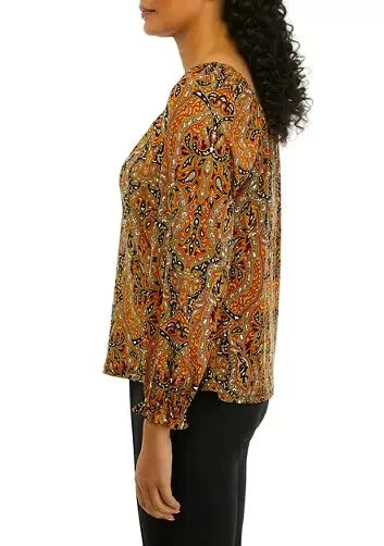 Michael Kors Women's Long Sleeve Paisley Ruched Knit Blouse | Michael Kors In Lebanon