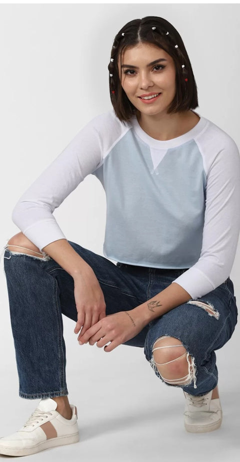 Forever 21 Women's White & Baby Blue Long Sleeve Crew Neck Blouse | Forever 21 In Lebanon