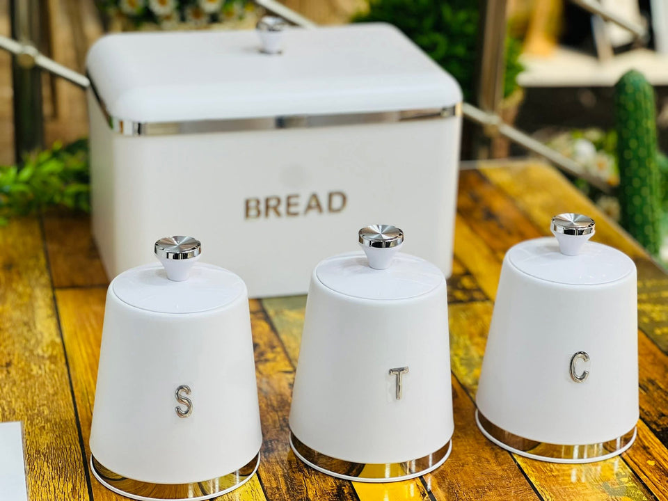 Prokious White Galvanized Iron Pack Of 4 Bread Box & Canister Set LM25-5383 | Prokious In Lebanon
