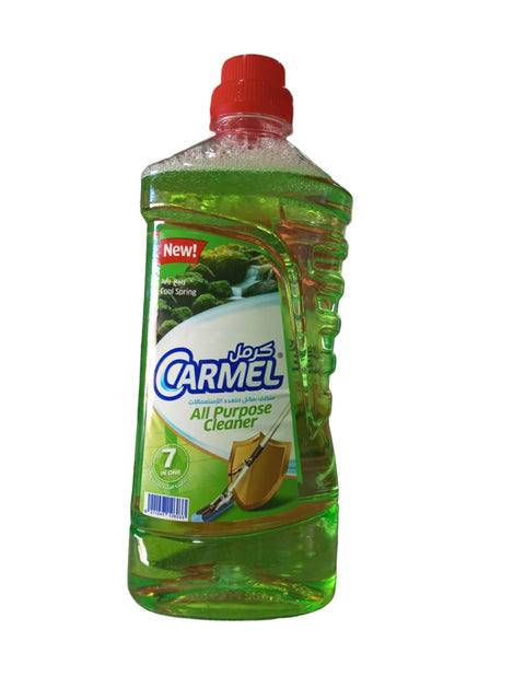Carmel all-purpose cleaner bottle on a counter with a blurred background