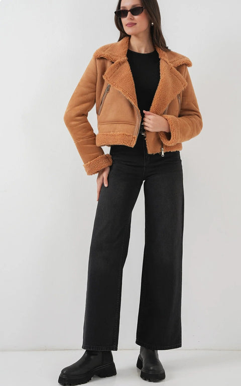 Big Dart Women's Camel Double Breasted Faux Fur Leather Coat | Big Dart In Lebanon