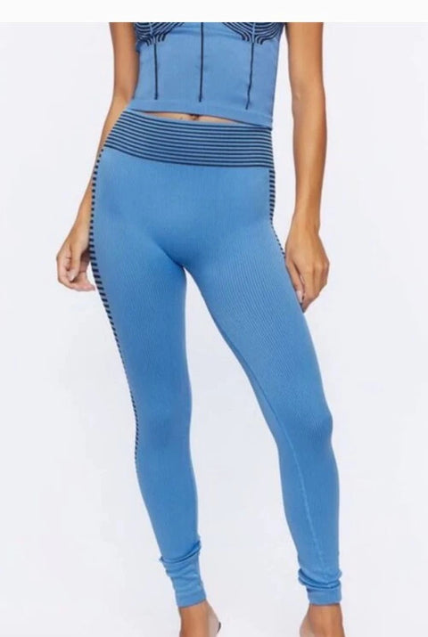 Forever 21 Women's Blue & Black Ribbed High Rise Legging | Forever 21 In Lebanon