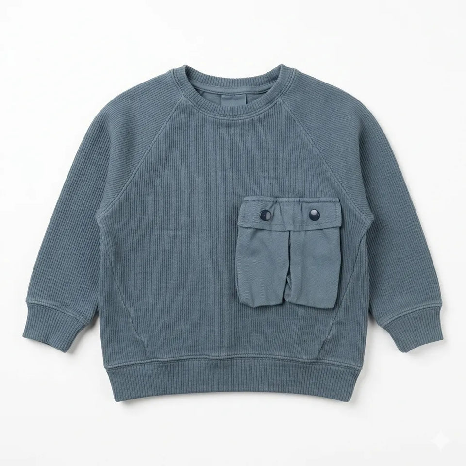 Zara Boy's Dusty Blue Utility Chest Pocket Ribbed Crew Neck Sweatshirt|Zara in Lebanon