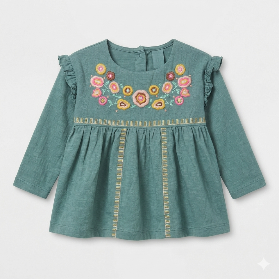 Zara Baby Girl's Teal Embroidered Long Sleeve Tunic Dress|Zara In Lebanon