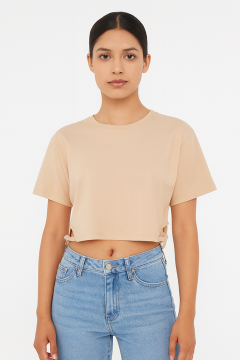 Forever 21 Women's Beige Short Sleeve Cut Out Crop Top | Forever 21 In Lebanon
