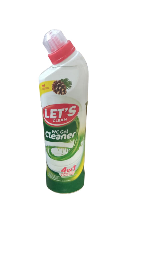 Let's Clean WC Gel Cleaner bottle on a concrete floor with cardboard boxes in the background.