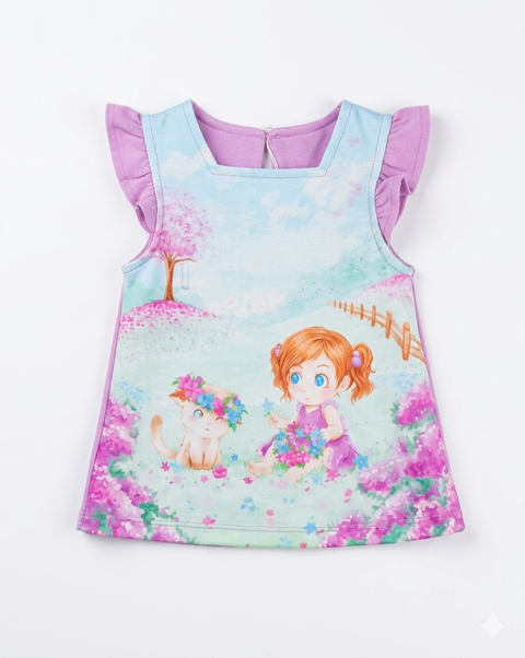 Charanga Baby Girl's Pastel Graphic Print Little Girl & Kitten Ruffle Sleeve Dress|Charanga In Lebanon