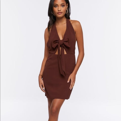 Forever 21 Women's Brown Halter Neck Open Back Sleeveless Mini Dress | Forever 21 In Lebanon