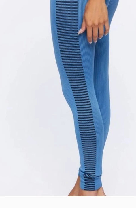 Forever 21 Women's Blue & Black Ribbed High Rise Legging | Forever 21 In Lebanon
