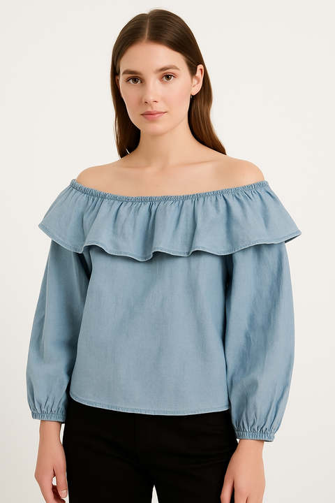 Mango Women's Blue Off-Shoulder Denim Blouse |Mango In Lebanon