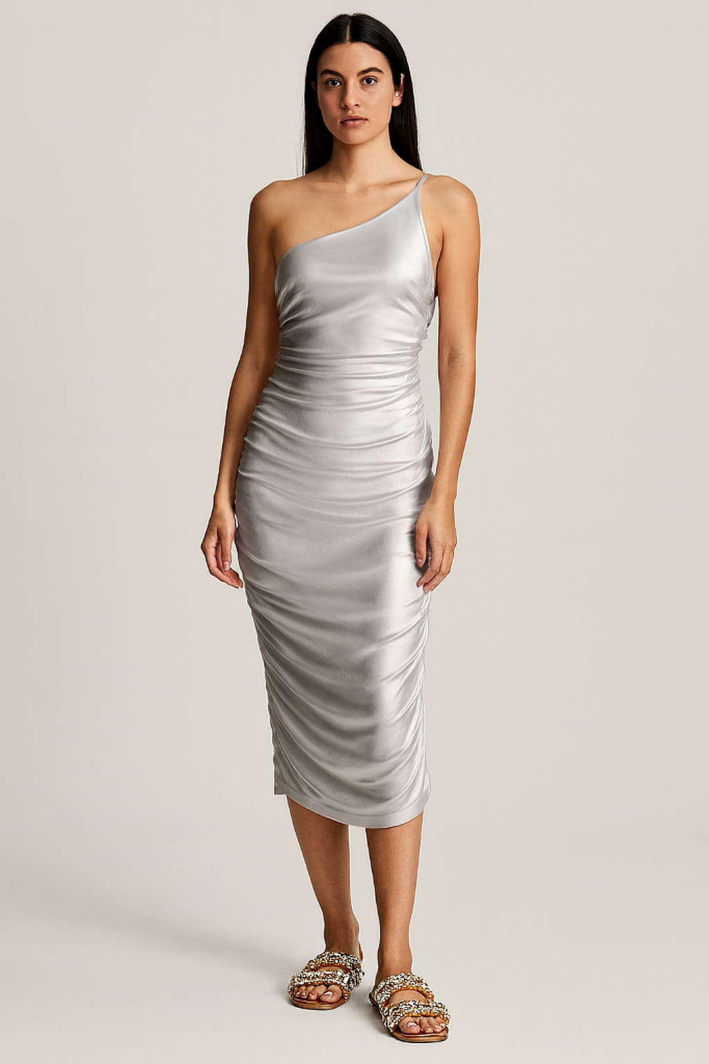 Forever 21 Women's Silver One-Shoulder Ruched Satin Midi Dress | Forever 21 In Lebanon