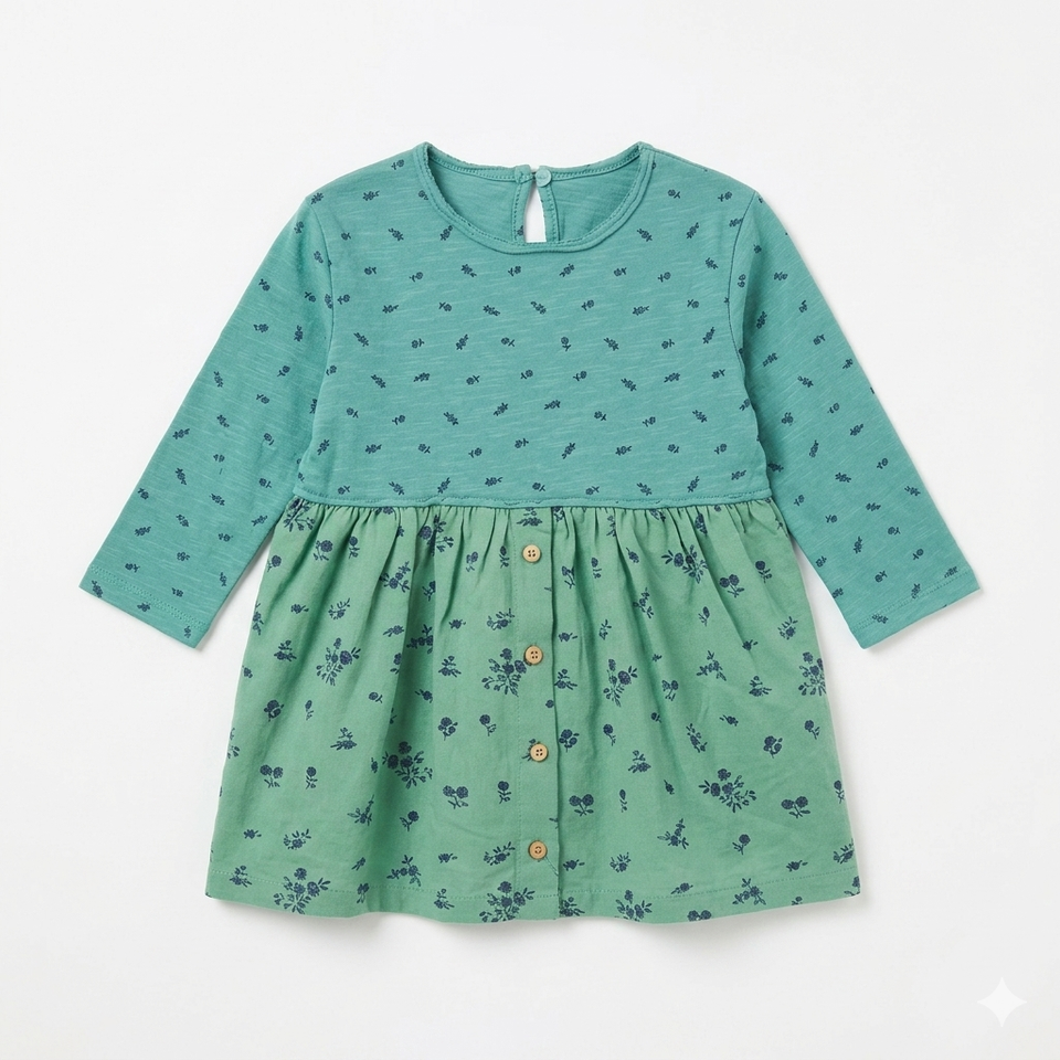Zara Baby Girl's Teal Floral Print Long Sleeve Button Front Tunic Dress|Zara In Lebanon