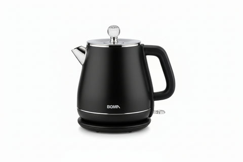 Electric kettle on a box with branding and product details.