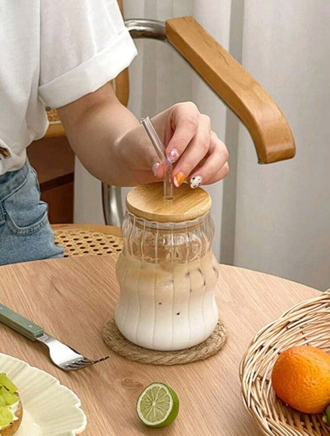 Hinox Transparent Striped & Curved Glass Cup With Bamboo Lid & Glass Straw | Hinox In Lebanon