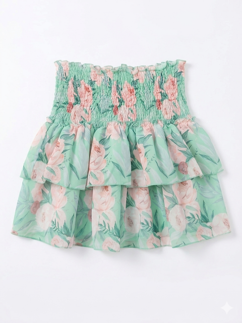 Ativo Girl's Mint Green Floral Tiered Ruffle Mini Skirt with Smocked Waistband|Ativo In Lebanon