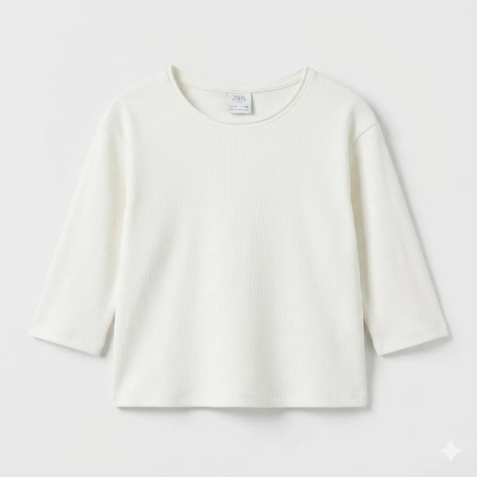 Zara Girl's White Ribbed Crew Neck Long Sleeve Blouse|Zara in Lebanon