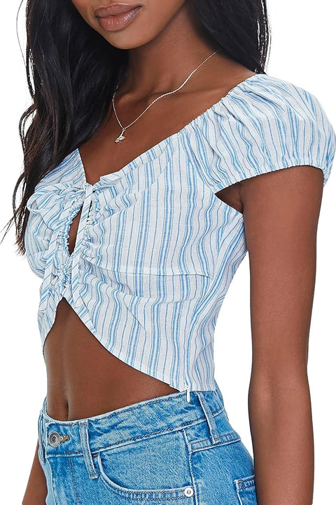 Forever 21 Women's White & Blue Striped Ruffle Short Sleeve Top | Forever 21 In Lebanon