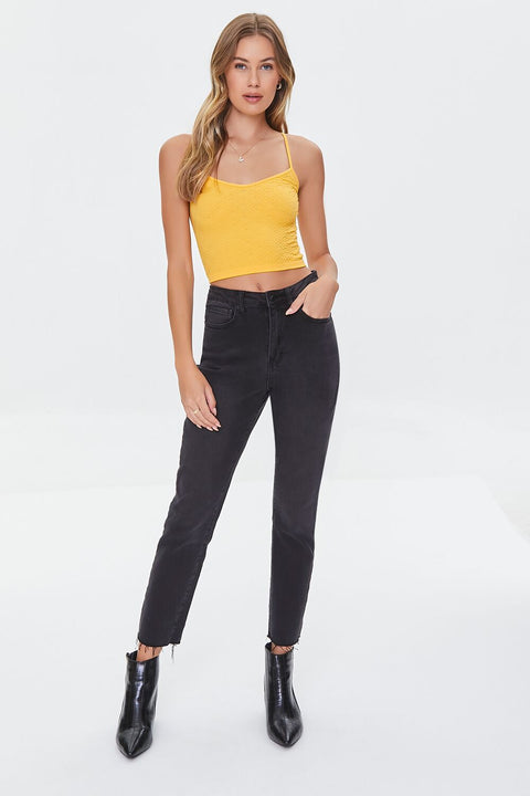 Forever 21 Women's Yellow Mustard Spaghetti Sleeve Geometric Knit Crop Top | Forever 21 In Lebanon