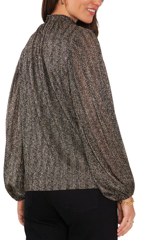 Vince Camuto Women's Gold Sparkle Shine Smocked Neck Puff Sleeve Blouse |Vince Camuto In Lebanon