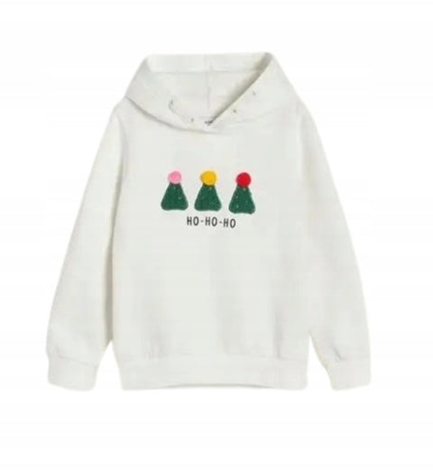 White hoodie with Christmas tree and 'HO HO HO' text design on a white background