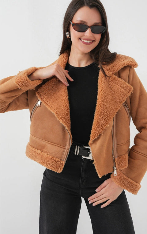 Big Dart Women's Camel Double Breasted Faux Fur Leather Coat | Big Dart In Lebanon