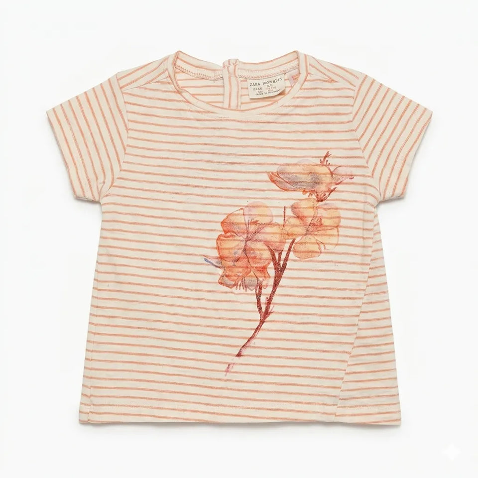 Zara Baby Girl's Coral Striped Floral T-Shirt|Zara In Lebanon