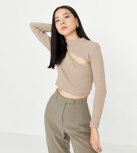 Forever 21 Women's Beige Cut-Out Turtle Neck Long Sleeve Blouse | Forever 21 In Lebanon