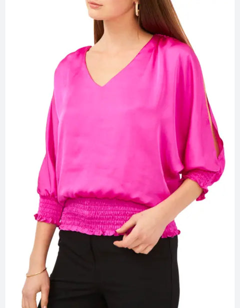 Vince Camuto Women's Fuchsia Smocked Pleated Silk V-Neck Blouse | Vince Camuto In Lebanon