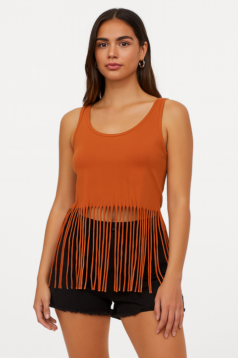 Forever 21 Women's Peach Sleeveless Tassels Blouse |Forever 21 In Lebanon