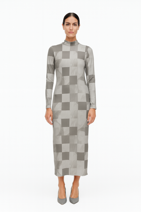 Forever 21 Women's Gray Checkered Mesh Turtle Neck Long Sleeve Dress | Forever 21 In Lebanon
