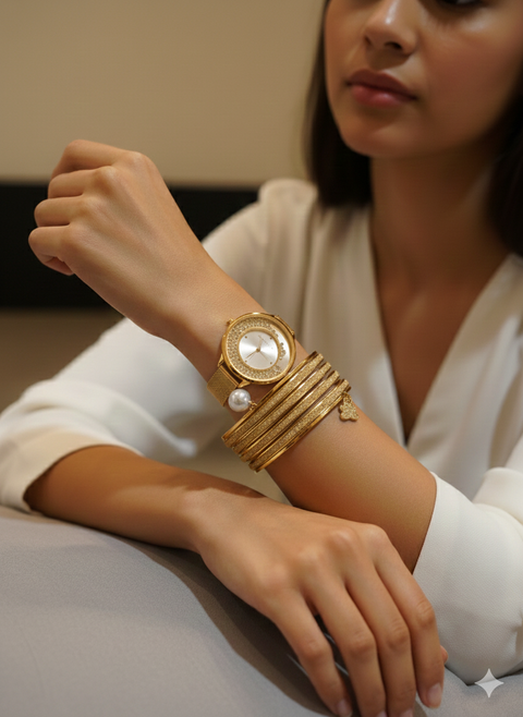 Laura Ashley Women's Gold 7 Pcs Glitter Bangles With Mesh Watch | Laura Ashley In Lebanon