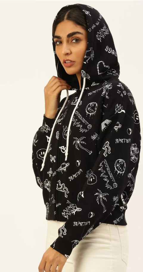 Forever 21 Women's Black Printed Airwalk Hooded Jacket | Forever 21 In Lebanon