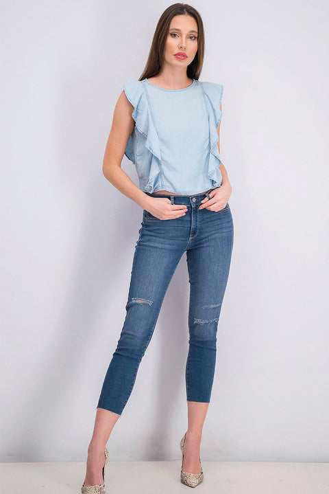 Mango Women's Light Blue Denim Ruffle Sleeveless Blouse |Mango In Lebanon