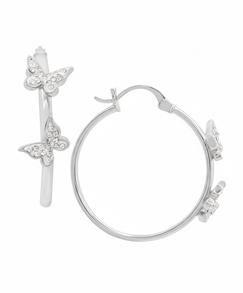 And Now This Women's Silver With Clear Crystal Butterflies Hoop Earrings  | And Now This In Lebanon