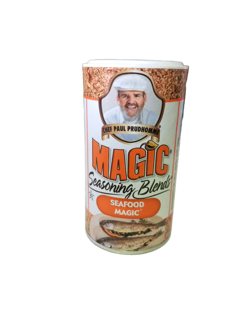 Can of Magic Seasoning Blends Seafood Magic on a table with a blurred background