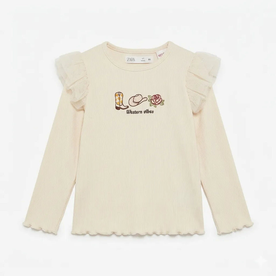 Zara Girl's Cream Western Vibes Ribbed Tulle Flutter Long Sleeve Blouse|Zara in Lebanon