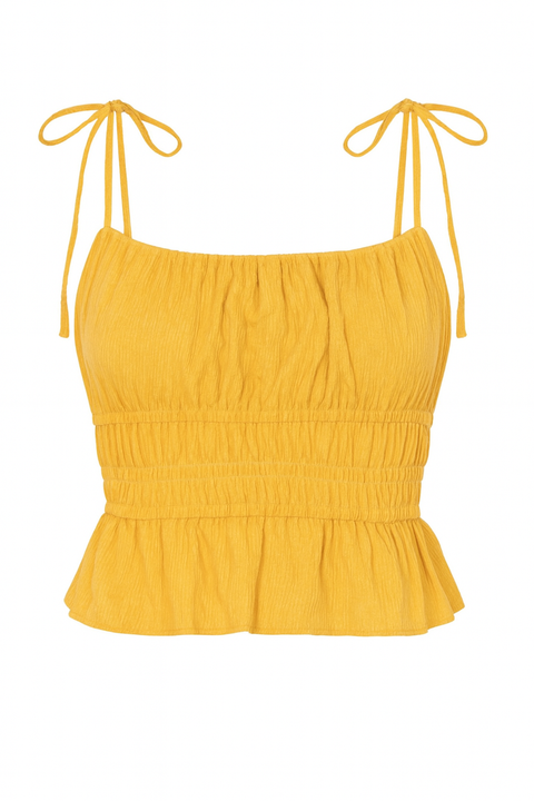Forever 21 Women's Yellow Mustard Spaghetti Sleeve Ruched Crop Top | Forever 21 In Lebanon