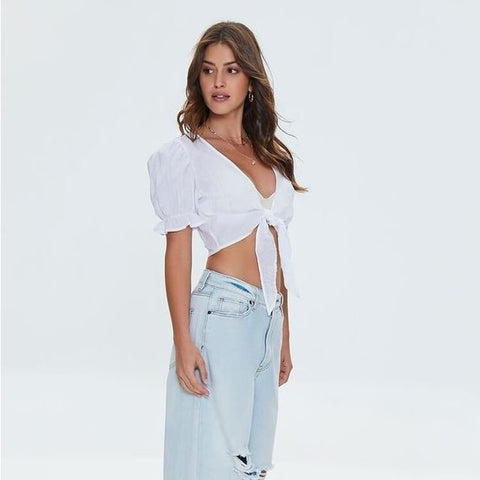 Forever 21 Women's White Short Sleeve Tie Front Crop Top | Forever 21 In Lebanon