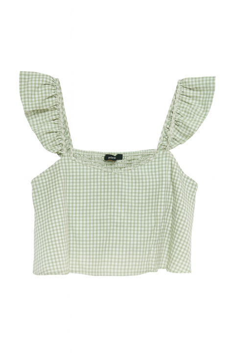 Forever 21 Women's Mint Green & White Checkered Ruffle Sleeve Crop Top | Forever 21 In Lebanon