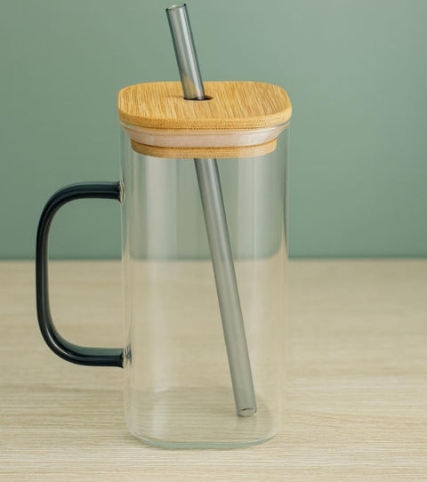 Hinox Transparent Glass Mug With Bamboo Lid & Glass Straw | Hinox In Lebanon