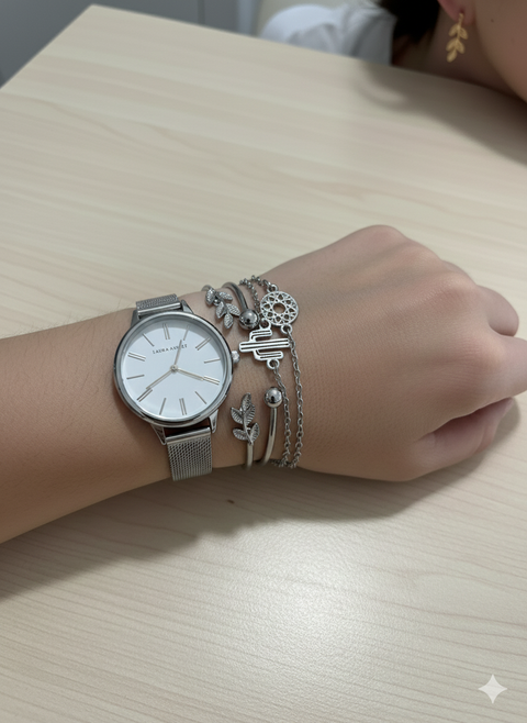 Laura Ashley Women's Sliver Tone 4 Pcs Bracelet Set With Watch | Laura Ashley In Lebanon