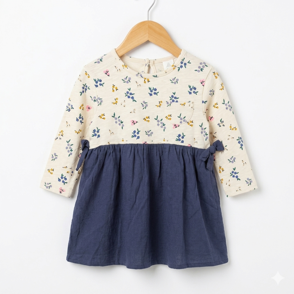 Zara Baby Girl's Cream & Navy Floral Print Colorblock Dress|Zara In Lebanon
