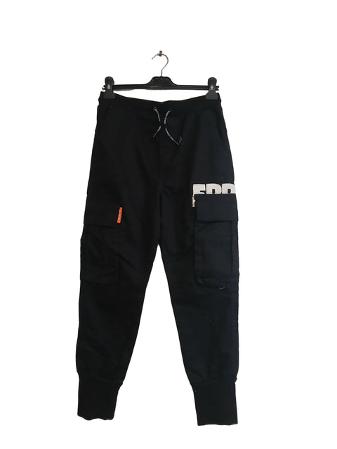 Black pants with visible branding on a light gray background
