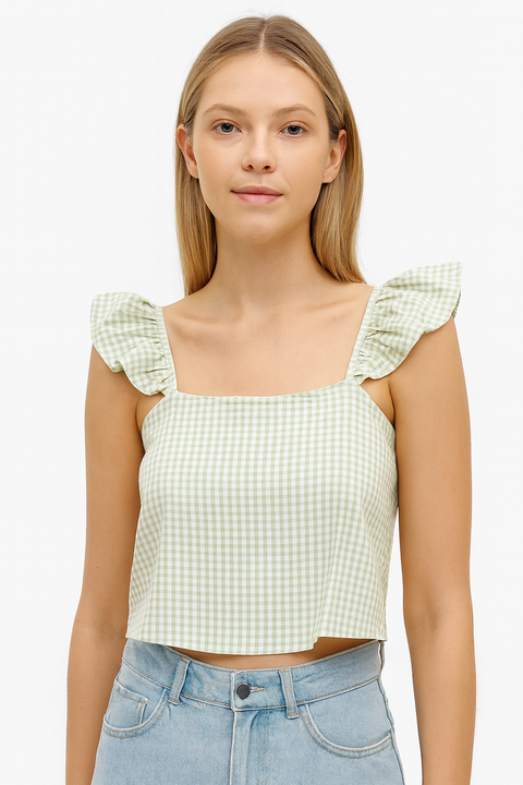 Forever 21 Women's Mint Green & White Checkered Ruffle Sleeve Crop Top | Forever 21 In Lebanon