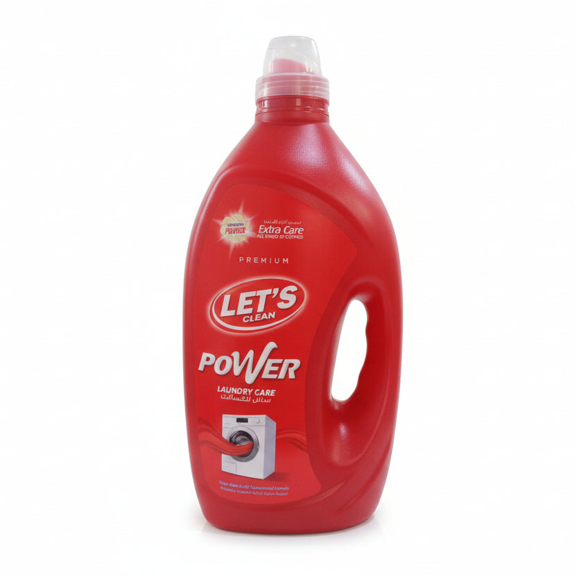 A red bottle of Let's Clean laundry care power gel laundry detergent.