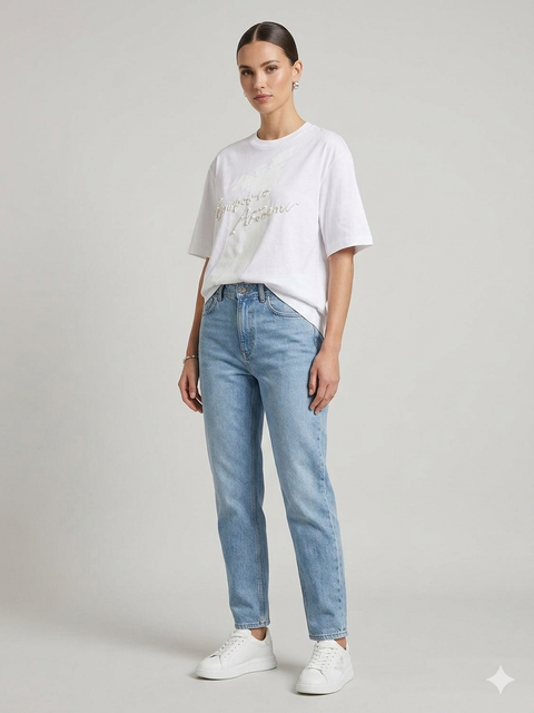 Emporio Armani Women's White Eagle Logo Sequin-Embellished T-Shirt | Emporio Armani In Lebanon