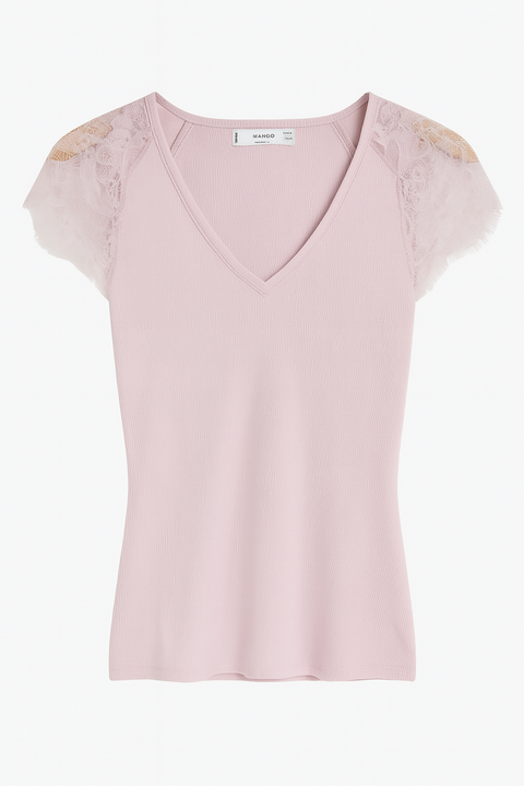 Mango Women's Light Rose Lace Sleeve Blouse |Mango In Lebanon