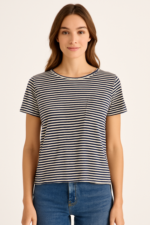 Mango Women's Navy & White Striped Crew Neck T-Shirt |Mango In Lebanon