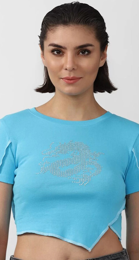 Forever 21 Women's Blue Crew Neck Short Sleeve Rhinestone Blouse | Forever 21 In Lebanon