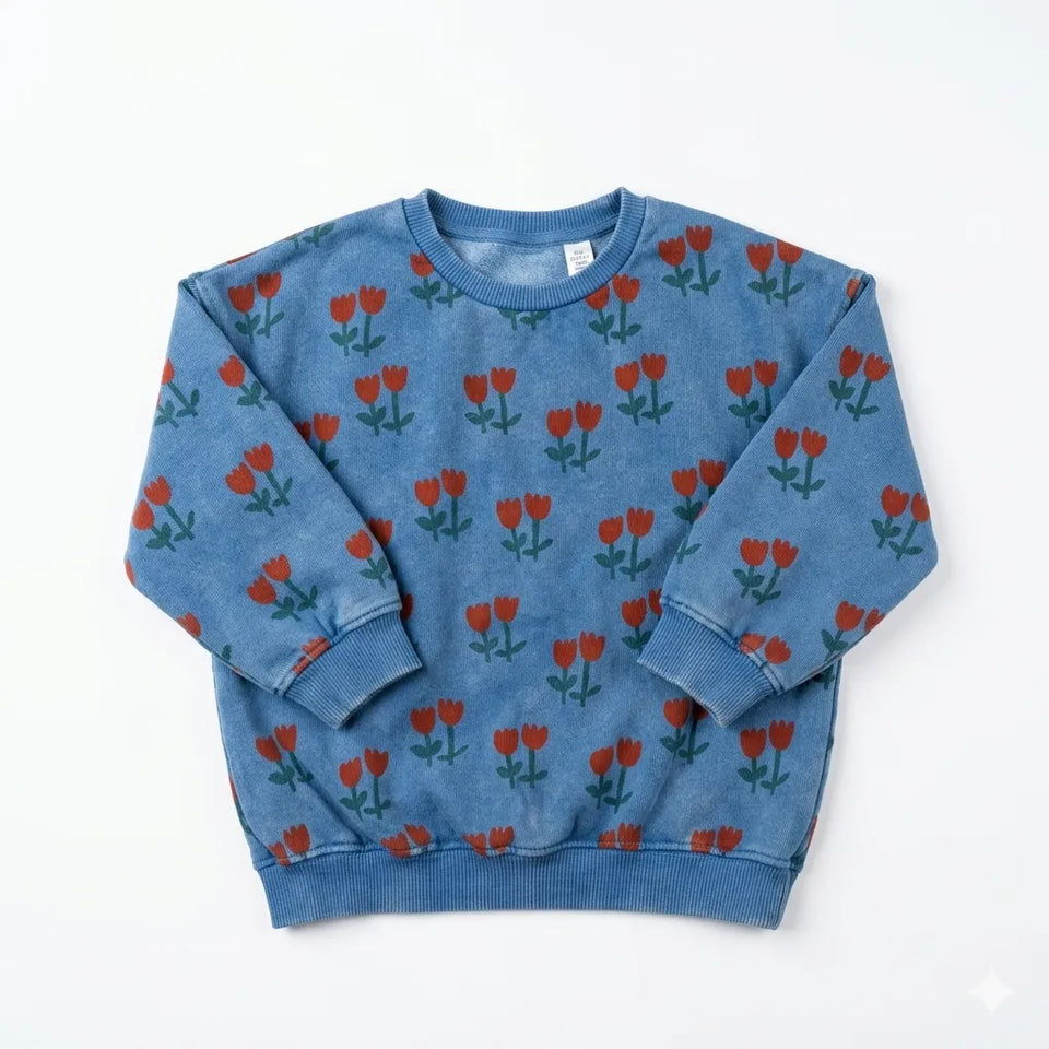Zara Girl's Washed Blue Tulip Printed Long Sleeve Crew Neck Sweatshirt|Zara in Lebanon